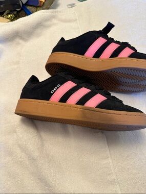 adidas Black Suede Campus Sneakers with Pink Stripes and Gum Sole